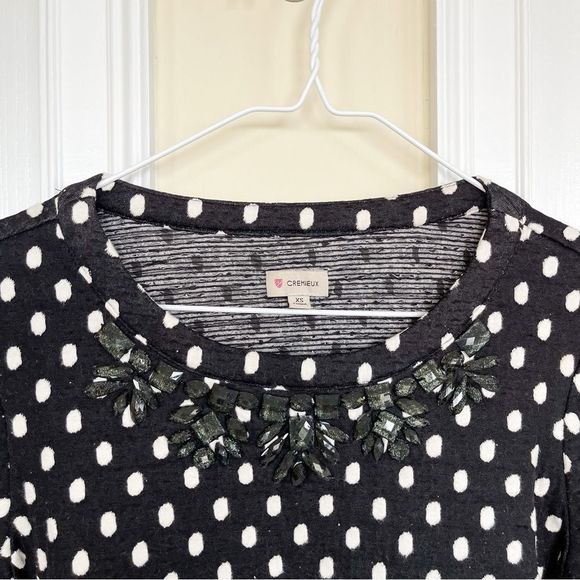 Cremieux XS Black‎ White Pokadot Jeweled Neckline Long Sleeve Top - Picture 2 of 6